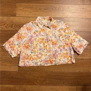 Cropped Linen Floral Button-Up Blouse in White, Orange & Pink